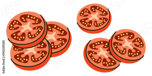 Fresh Red Tomato Slices Group. Ripe vegetable rounds for burger and salad illustration