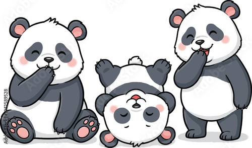 three adorable cartoon pandas are playfully interacting with each other creating a heartwarming and cheerful scene for viewers to enjoy