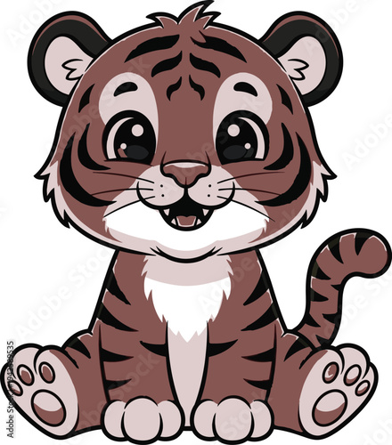 a charming illustration depicts a cute baby tiger sitting cheerfully with a bright smile and endearing features isolated on white