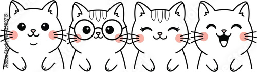 a delightful lineup of five adorable cartoon cats with simple line art and charming rosy cheeks presented in a row
