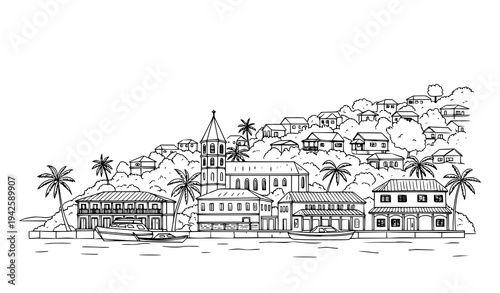 Roseau Dominica landmark cityscape sketch vector illustration Caribbean travel design