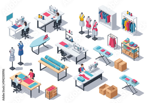 A detailed isometric illustration showcasing a comprehensive sewing and tailoring workshop setup