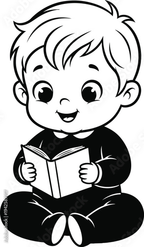 a charming black and white illustration depicts a young boy happily engrossed in reading a book while sitting cross legged