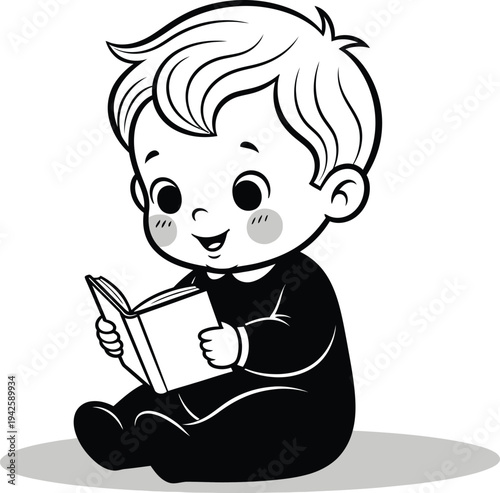 a charming black and white illustration depicts a young boy engrossed in reading a book showcasing early literacy and imagination