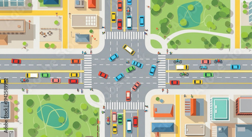 Aerial View of Busy City Intersection with Cars and Buildings.