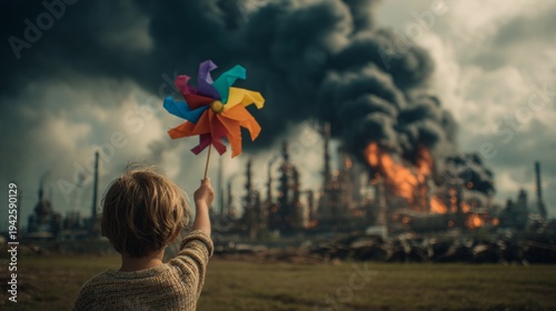 Child with Colorful Pinwheel Against Industrial Background