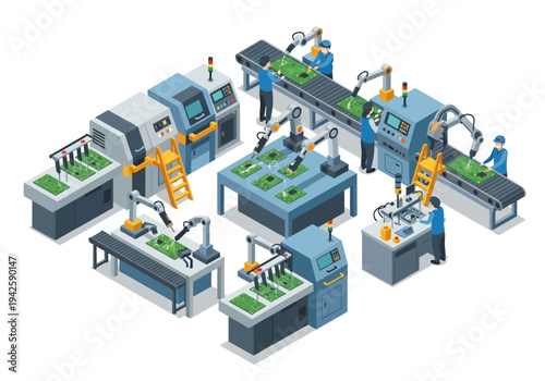 Automated Electronic Circuit Board Manufacturing Process with Robotic Arms and Human Supervision