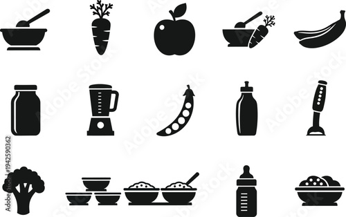 a collection of black silhouette icons depicting various healthy foods kitchenware and baby food items arranged in rows high quality professional