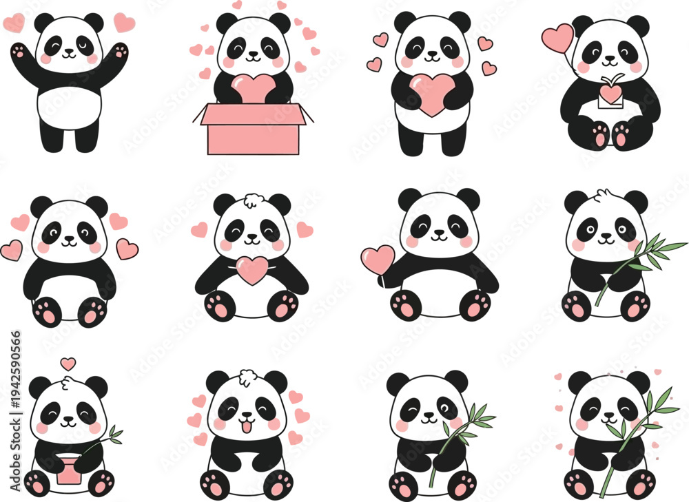 Obraz premium adorable panda illustrations depict playful scenes with hearts gifts and bamboo creating a sweet and charming visual collection high quality professional