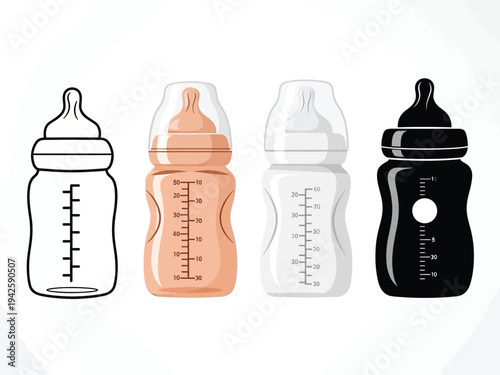 A simple illustration depicts four baby bottles in differing shades and styles demonstrating a range of visual representations for infant feeding