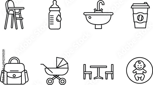 a collection of simple line icons depicting baby essentials such as a stroller bottle and changing table representing childcare high quality