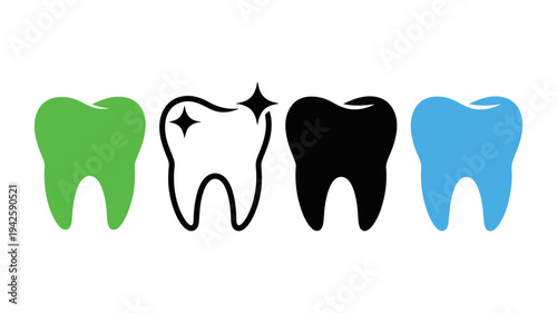A shining white tooth is surrounded by three distinctively colored teeth representing various dental conditions.