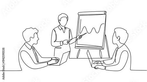 A corporate leader shares insights from a graph with two attentive team members during a productive business session.