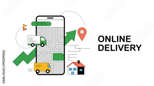 A dynamic illustration shows online delivery services through a smartphone map with trucks and houses, indicating growth.