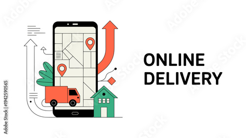 An engaging illustration portrays the rapid growth of online delivery services facilitated by mobile technology and logistics.