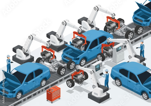 Automotive assembly line with robotic arms building cars on a conveyor belt