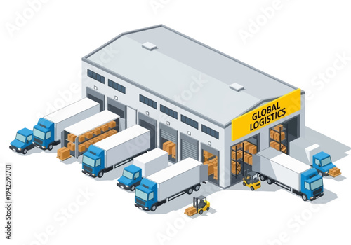 Global logistics company with trucks and warehouse
