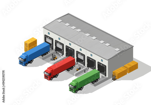 Logistics Warehouse with Trucks and Loading Docks - Industrial Building Illustration