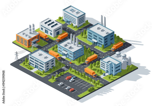 Isometric industrial park with factories, warehouses, and trucks on a grid