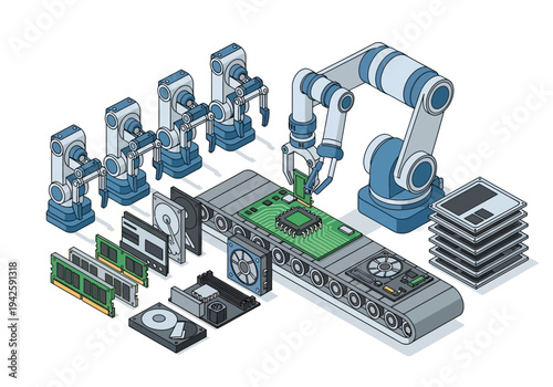 Automated assembly line for computer components including robotic arms and processors