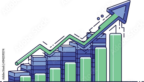Business graph shows increasing profits with green arrow and blue bars