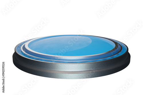 3D rendered glossy blue circle button with metallic frame