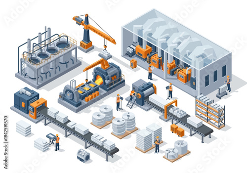 Industrial manufacturing process illustration with production lines, machinery, and raw materials