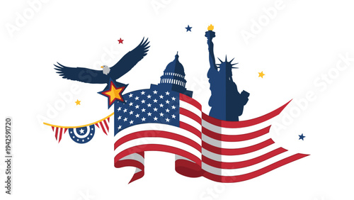 Graphic illustration of an American eagle flying over the Statue of Liberty and US flag with patriotic symbols on a white background.