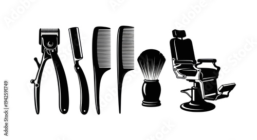 Barber Tools and Chair Silhouette - Vintage Hairdressing Equipment
