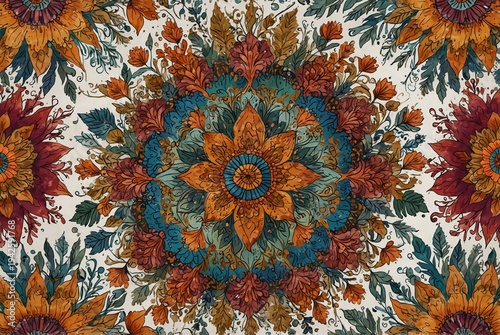 Vibrant decorative mandala design featuring layered flowers, swirling botanical elements, and detailed symmetrical ornaments on plain white background