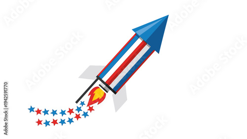 Colorful illustration of a rocket ship soaring upwards with flames and stars trailing behind on a white background.