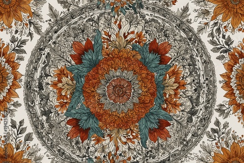 Elegant circular mandala illustration with intricate botanical motifs, stylized petals, and vibrant decorative elements on plain white background