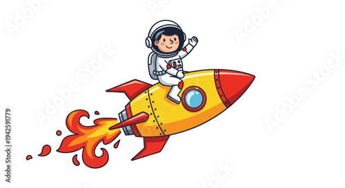 Child astronaut riding a rocket ship, waving hello, space exploration concept
