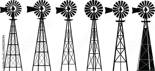 Vintage Farm Windmill Silhouettes Set for Rural Agriculture Landscape Design Elements Isolated on White Background for Vector Graphic IllustrationsVintage Farm Windmill Silhouettes Set for Rural Agric