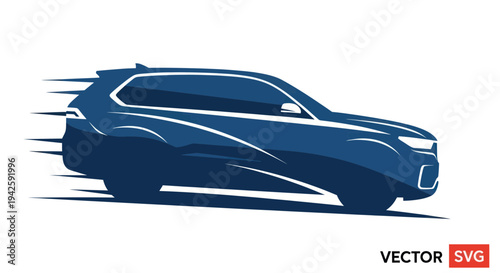 Modern blue SUV car in motion blur, speed lines, vector illustration