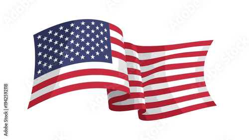 The American flag waving with a blue field of white stars and red and white stripes on a plain white background.