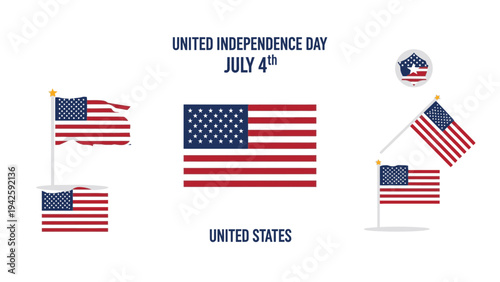 Collection of American flags on poles and a badge for United Independence Day on a white background.