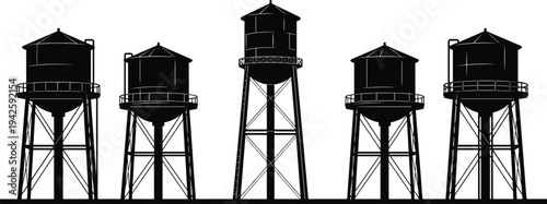 Industrial water tower silhouettes set in a row on high metal stands isolated on white background for architectural design.Industrial water tower silhouettes set in a row on high metal stands isolated