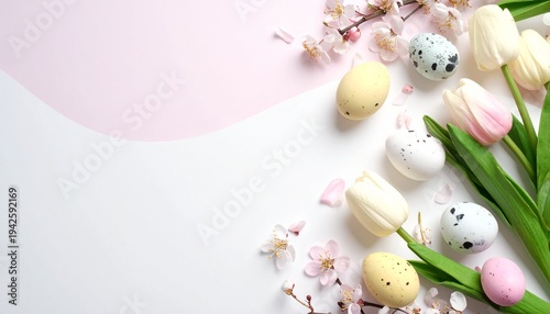 Spring Flowers and Easter Eggs Minimal Flat Lay with Empty Space