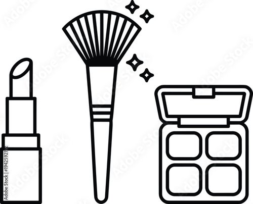 Makeup Flatlay Icons: Lipstick Brush Eyeshadow Palette Line Art