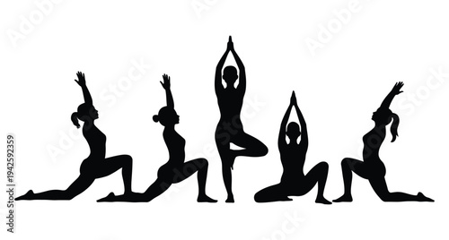 Five women demonstrate various yoga poses.