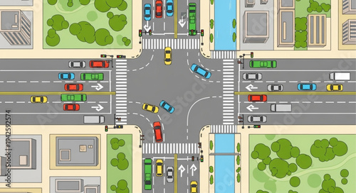 Aerial View of a Busy City Intersection.