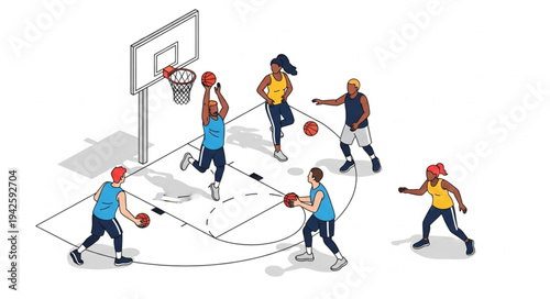 Basketball Players in Action on Court.