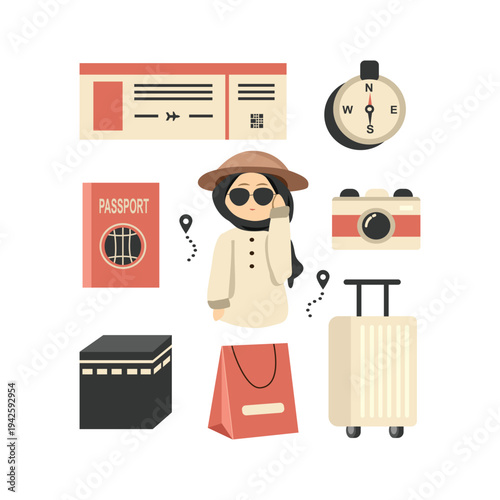 Muslim Woman Travel and Pilgrimage Essentials Illustration. Travelling equipment. Travelling set. Travelling sticker set.