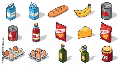 Assorted Grocery Items on White Background.