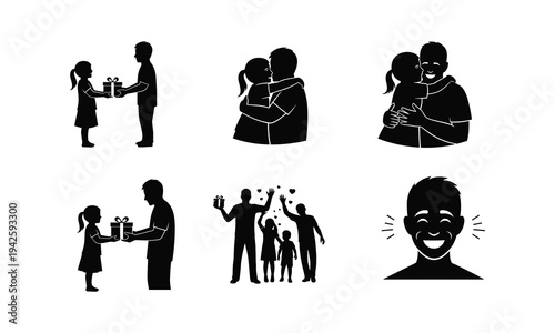 Father and daughter giving gifts, hugging, and celebrating with happy expressions vector