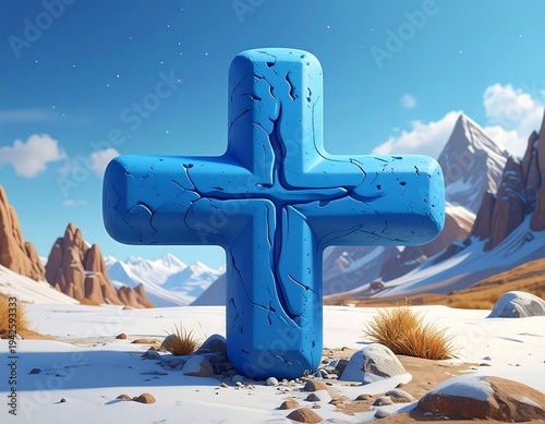 A large, stylized blue plus sign with a cracked texture stands on a snowy landscape, mountains in the background under a blue sky