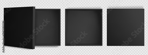 Black square gift box top view. 3d open empty package cube shape with shadow. Premium cardboard birthday present for chocolate or food. Realistic clear cosmetic product packaging set mock up
