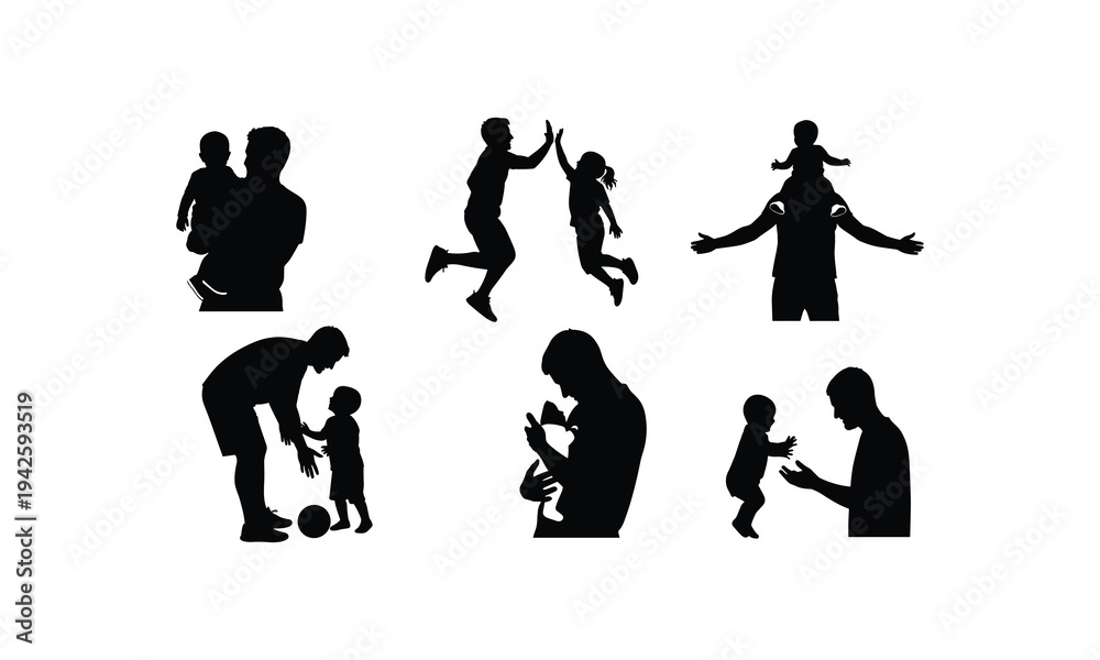Fototapeta premium Father playing with children, giving high fives, carrying on shoulders vector illustration