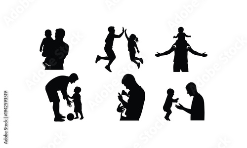 Father playing with children, giving high fives, carrying on shoulders vector illustration